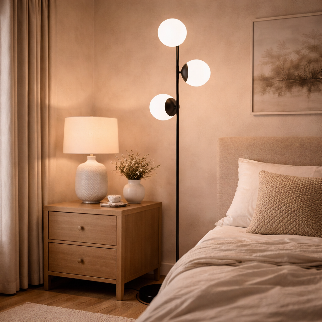 Lampadaire avec bras arqués élancés et abat-jour moderne