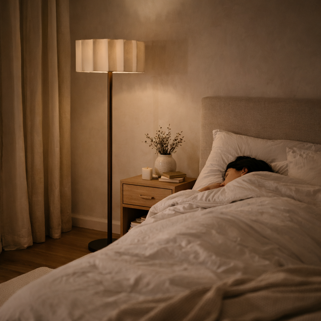 Lampadaire avec pied élancé et source lumineuse ciblée