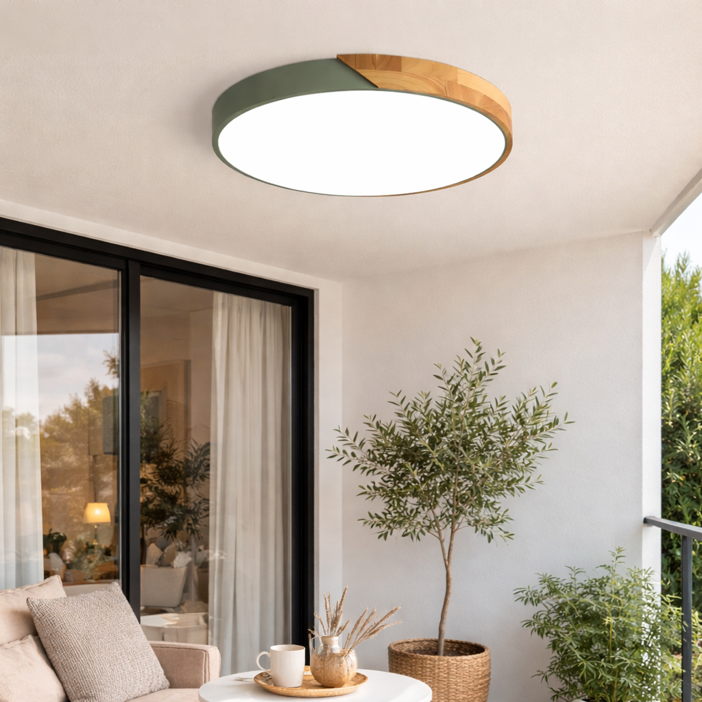 Scandinavische Ronde LED Plafondlamp Met Houten Accent